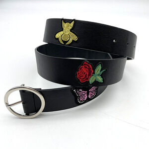 Black Faux Leather Belt Round Buckle Embroidery Patches Butterfly Bee XL
